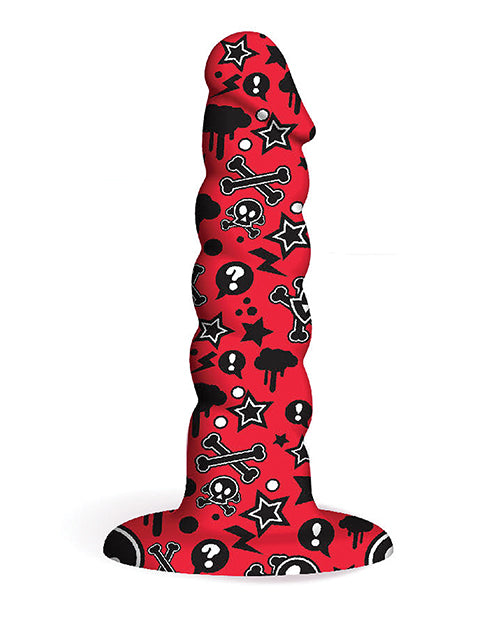 Product displayed out of packaging. Red dildo with penis like tip and ripples on the shaft. Suction cup and flared base at the end. Product is red with black and white images painted on. Images are of skulls and crossbones stars, lightning bolts and dots.