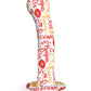 Product shown without packaging. Phallic shape with round tip and suction cup and flared base. Dildo is white with letters painted on it in red and yellow. Some images of lips and crowns are noted. Some of the words displayed are princess, crown, love, Paris, bonjour, me.