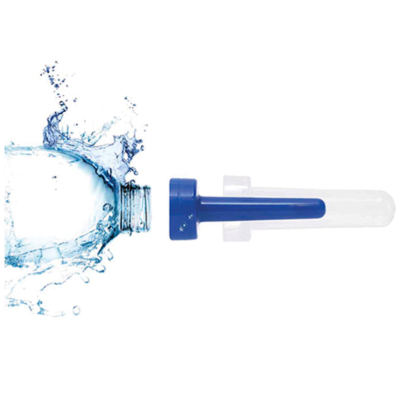 Product shown being attached to a water bottle. Blue nozzle with clear covered cap.