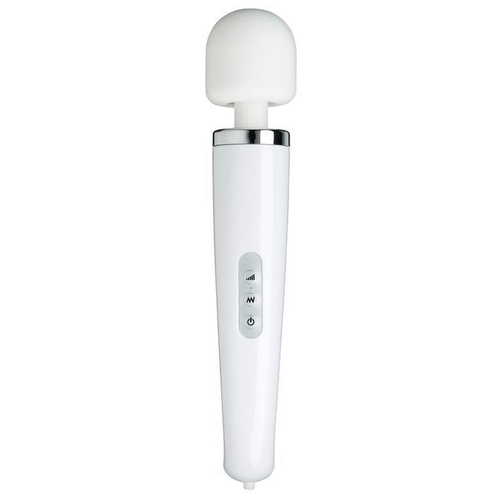 Large white wand with intensity button, vibration frequency button, and power button.