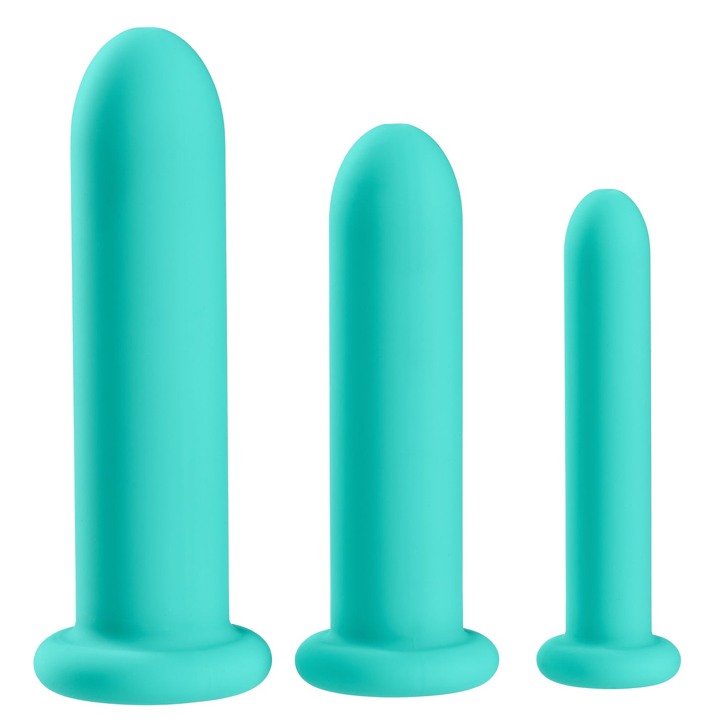 Product image out of box. Three silicone phallic shaped dilators. Teal colored. Small medium and large, appear like tampon applicators.